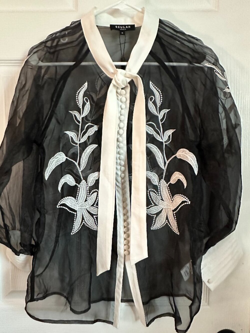 NWT Beulah Style Black Sheer Embroidered Blouse | Floral Tunic | Size S